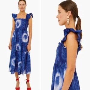 Tuckernuck Rory Midi Smocked Dress Blue White Tie Dye Flutter Sleeve XL